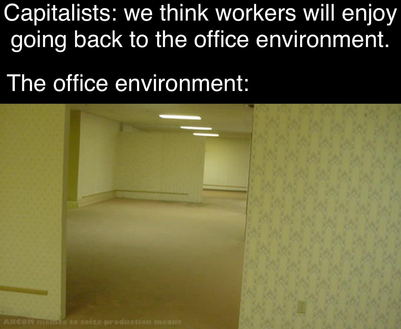 This meme is a humorous commentary on the contrast between the idealized views of capitalism and the harsh reality of working conditions. The image shows a stark, empty, and poorly lit office space, with the text "Capitalists: we think workers will love coming back to the office" and "The office environment:". The image is a darkly comedic representation of the disconnect between the optimism of corporate leaders and the bleak reality of working conditions.